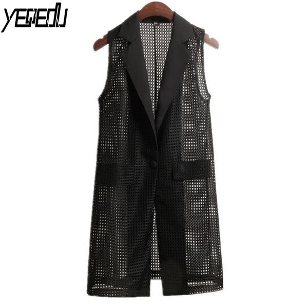 #0718 summer lapel collar mesh see through sleeveless jacket vest women waistcoat loose hollow out long black single buttons, Black;white
#0718 summer lapel collar mesh see through sleeveless jacket vest women waistcoat loose hollow out long black single buttons, Black;white