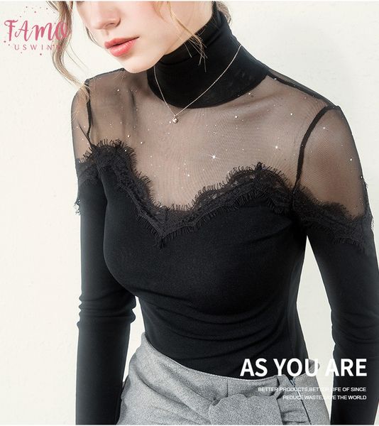 new t shirt women transpanrent mesh patchwork eyelash lace elegant turtleneck bottoms stretchy long sleeve t91095, White 
new t shirt women transpanrent mesh patchwork eyelash lace elegant turtleneck bottoms stretchy long sleeve t91095, White