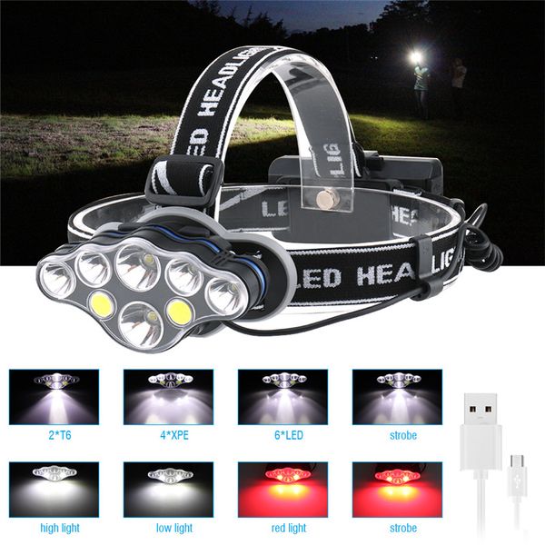5000lm Abs T6 Xpe Cob Led Headlamp 8-mode Usb Charger Headlight Use 18650 Battery Head Lamp Waterproof Hunting