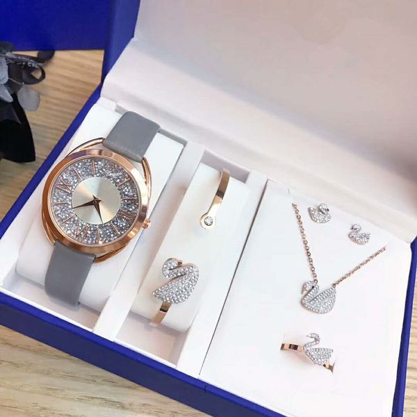 fashion brand swa special design reflecting mirror women watch bracelet ring earring necklace 5 in 1 lady wristwatch gift for girls leather, Slivery;brown
fashion brand swa special design reflecting mirror women watch bracelet ring earring necklace 5 in 1 lady wristwatch gift for girls leather, Slivery;brown