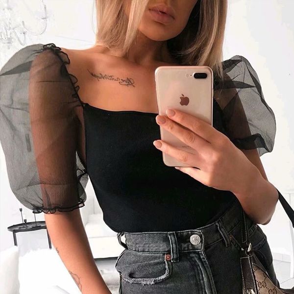 women's t-shirt women black tee 2021 short sleeved perspective puff sleeve knitted bottoming t-shirts, White
women's t-shirt women black tee 2021 short sleeved perspective puff sleeve knitted bottoming t-shirts, White