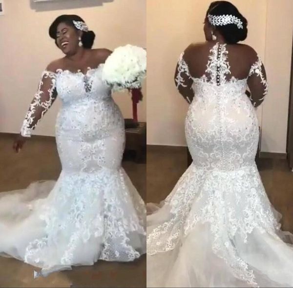 plus size sheer neck long sleeve mermaid wedding dresses lace appliques south african elegant bridal gown robe de mariee bc1450, White
plus size sheer neck long sleeve mermaid wedding dresses lace appliques south african elegant bridal gown robe de mariee bc1450, White