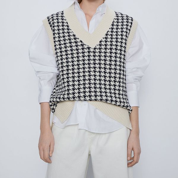 2020 spring vest women beige knitted vest vintage houndstooth v neck sweater sleeveless tank loose korean blouse, White
2020 spring vest women beige knitted vest vintage houndstooth v neck sweater sleeveless tank loose korean blouse, White