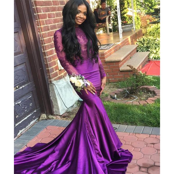 african purple mermaid prom dresses 2020 sheer long sleeves satin lace applique evening gowns floor length vestido de festa, Black
african purple mermaid prom dresses 2020 sheer long sleeves satin lace applique evening gowns floor length vestido de festa, Black