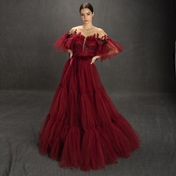 stunning burgundy sequined evening dresses sheer jewel neck half sleeves prom gowns appliqued sweep train plus size tulle formal dress, Black;red
stunning burgundy sequined evening dresses sheer jewel neck half sleeves prom gowns appliqued sweep train plus size tulle formal dress, Black;red