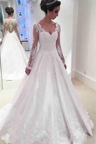 elegant a line wedding dresses saclloped v neck lace applique custom made long sleeves illusion back sweep train wedding bridal gown, White
elegant a line wedding dresses saclloped v neck lace applique custom made long sleeves illusion back sweep train wedding bridal gown, White