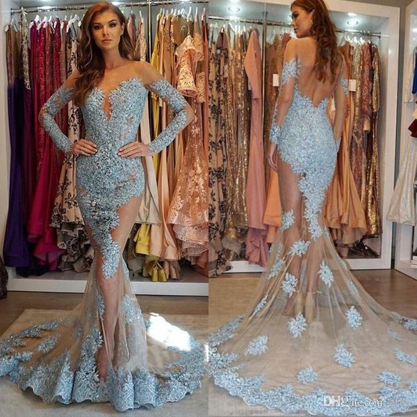 glamorous long sleeve lace prom dresses illusion back sweep train mermaid appliques evening gowns custom made robes de soirée, Black
glamorous long sleeve lace prom dresses illusion back sweep train mermaid appliques evening gowns custom made robes de soirée, Black