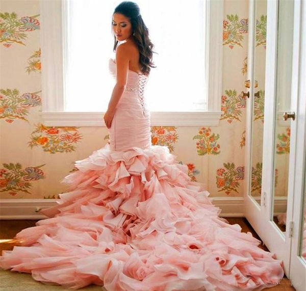 Romantic Ruffles Sweetheart Mermaid Bridal Gowns Lace Up Glamorous Blush Pink Organza Wedding Dresses Custom Made
Romantic Ruffles Sweetheart Mermaid Bridal Gowns Lace Up Glamorous Blush Pink Organza Wedding Dresses Custom Made