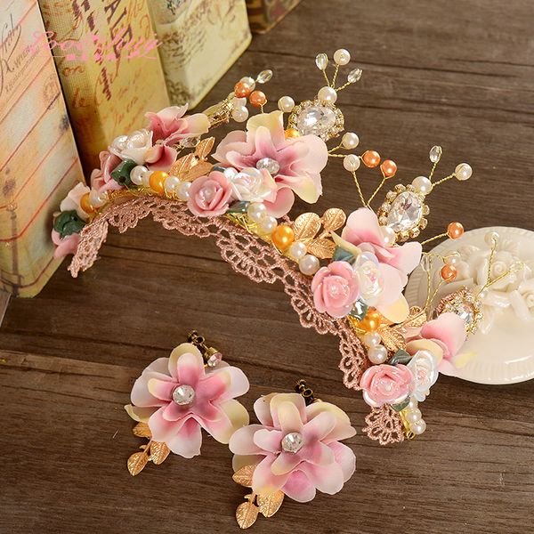 sweet pink ceramic flower handmade beaded lace baroque crown golden bride hair headdress flower, White;golden
sweet pink ceramic flower handmade beaded lace baroque crown golden bride hair headdress flower, White;golden