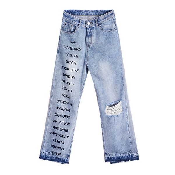 men blue hip straight denim pants male teenager europe american streetwear letter print hole ripped distressed baggy jeans
men blue hip straight denim pants male teenager europe american streetwear letter print hole ripped distressed baggy jeans