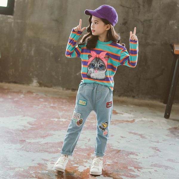 new girls outfits autumn children clothes set cartoon cat striped t-shirts and blue denim pants cute tracksuit kids 2 piece set, White
new girls outfits autumn children clothes set cartoon cat striped t-shirts and blue denim pants cute tracksuit kids 2 piece set, White