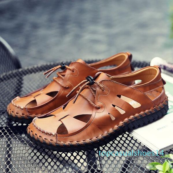 men sandals summer soft bottom hole roman casual cow leather sandals male beach drvier loafer sandals, Black