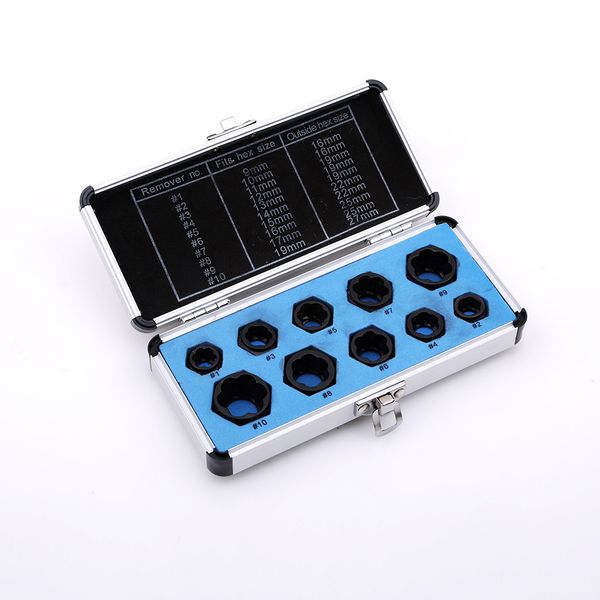 10pcs/set threading alloy screw extractor hex damaged bolt hand tools kit removal set round studs nut remover socket with box
10pcs/set threading alloy screw extractor hex damaged bolt hand tools kit removal set round studs nut remover socket with box