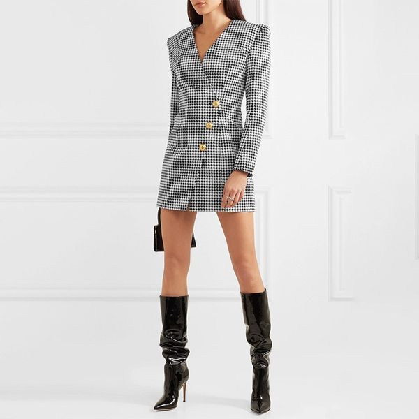 2020 runway dress women's long sleeve houndstooth print zip back lion buttons wrap dress, Black;gray
2020 runway dress women's long sleeve houndstooth print zip back lion buttons wrap dress, Black;gray