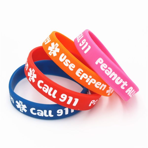 

4pcs printed peanut allergy call 911 silicone wristband little kids baby silicone armband bracelets&bangles medical gifts sh162, Golden;silver