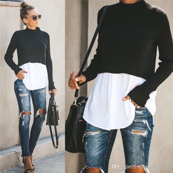 autumn womens designer panelled sweaters fashion crew neck with button female pullover clothing, White;black
autumn womens designer panelled sweaters fashion crew neck with button female pullover clothing, White;black