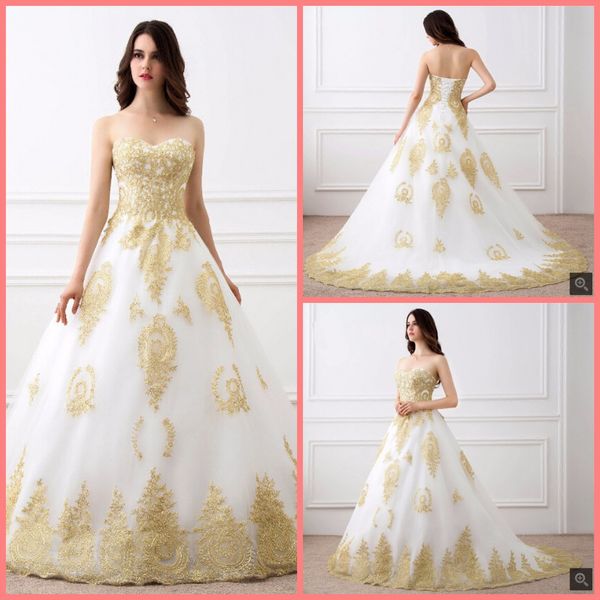 robe de mariage ball gown gold lace appliques princess wedding dress strapless sweetheart neck puffy bride gowns 2019, White
robe de mariage ball gown gold lace appliques princess wedding dress strapless sweetheart neck puffy bride gowns 2019, White