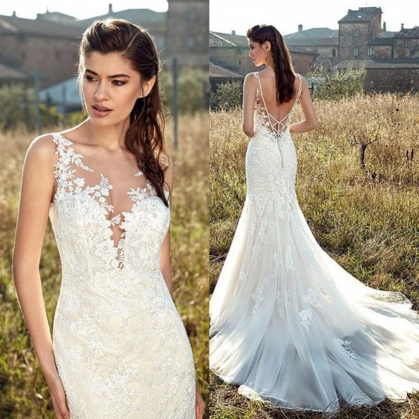 fashion mermaid backless lace wedding dresses sheer bateau neck beach bridal gowns trumpet sweep train tulle vestidos de novia, White 
fashion mermaid backless lace wedding dresses sheer bateau neck beach bridal gowns trumpet sweep train tulle vestidos de novia, White