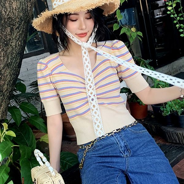 fashion women crop women short sleeve knitted t shirt v neck striped slim t-shirts, White
fashion women crop women short sleeve knitted t shirt v neck striped slim t-shirts, White