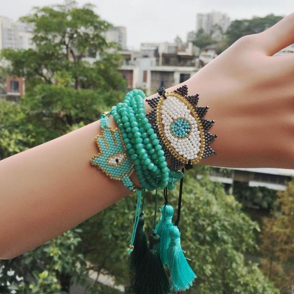 ybollar boho multilayers bracelets green/red seed beads bracelet evil eye hamsa hand pulseras for women tassel handmade jewelry, Black 
ybollar boho multilayers bracelets green/red seed beads bracelet evil eye hamsa hand pulseras for women tassel handmade jewelry, Black