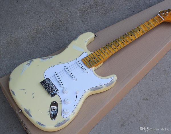 factory custom milk white retro body electric guitar with retro yellow neck,scalloped neck,,offer customized