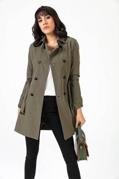 front button belted lined trench coat, Tan;black