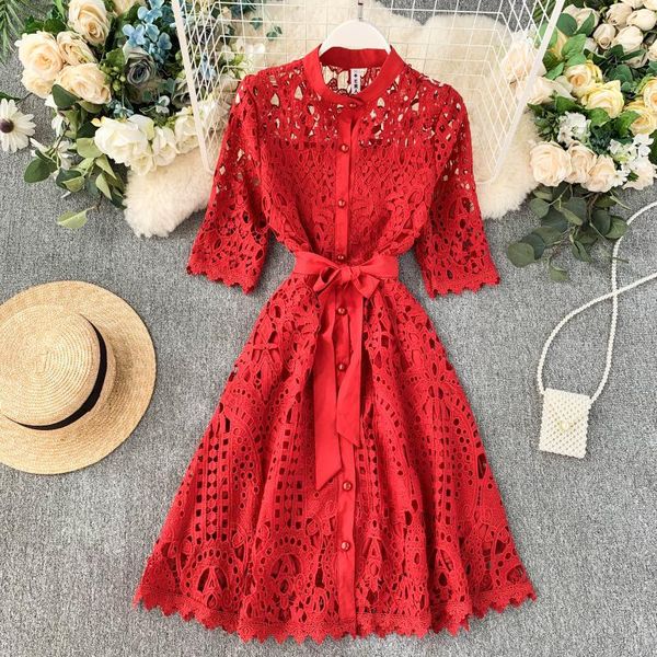 ftlzz new elegant lace hollow out dress summer women button with belt slim high waist dress office lady vintage a-line, Black;gray
ftlzz new elegant lace hollow out dress summer women button with belt slim high waist dress office lady vintage a-line, Black;gray