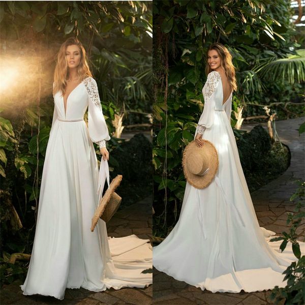 boho wedding dresses v-neck long sleeve appliques lace satin a line wedding dress backless sweep train beach robes de mariée, White
boho wedding dresses v-neck long sleeve appliques lace satin a line wedding dress backless sweep train beach robes de mariée, White