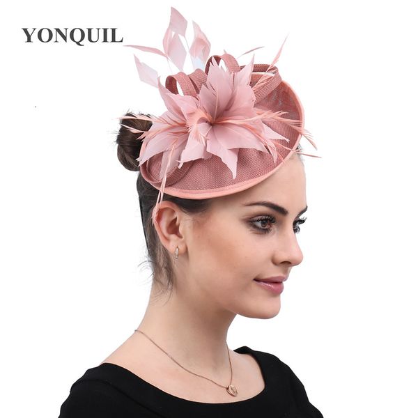 

dark peach party hat fascinator women wedding elegant headpiece with hair clip fancy feather flower millinery headband race