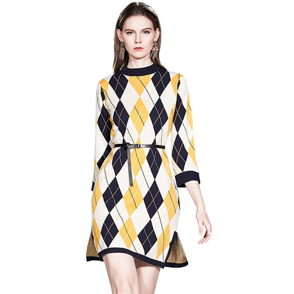 2019 new womens clothing women dresses round neck contrast color mosaic rhombic nine-point sleeve womens winter dresses knit skirt, White;black
2019 new womens clothing women dresses round neck contrast color mosaic rhombic nine-point sleeve womens winter dresses knit skirt, White;black
