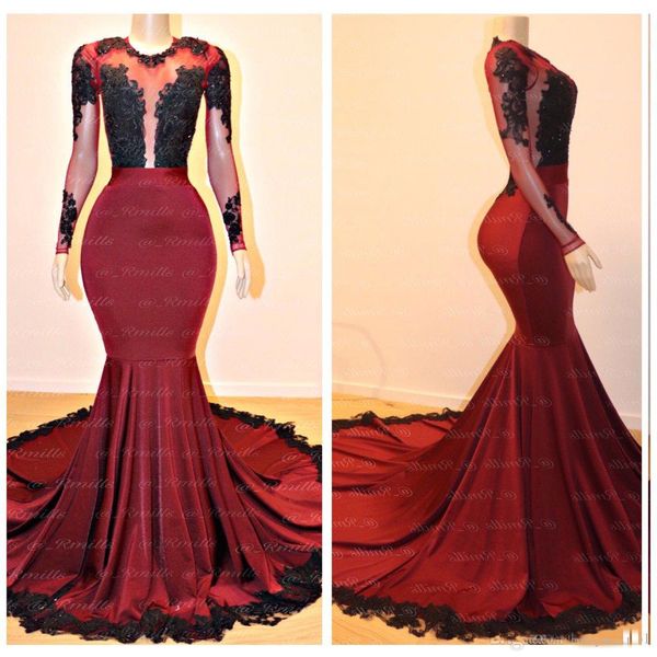 2019Dark Red Long Sleeves Evening Dresses Illusion Black Lace Appliqued Mermaid Prom Dresses Long Sweep Train Arabic African Party Dresses