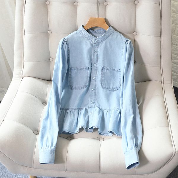 women shirt 2020 early spring new lotus leaf garment washed tencel shirt top, White 
women shirt 2020 early spring new lotus leaf garment washed tencel shirt top, White