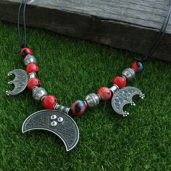 red ceramic beads with rigid new moon long adjustable necklace, rough viking apron dress chain necklace jewelry for charm women, Silver
red ceramic beads with rigid new moon long adjustable necklace, rough viking apron dress chain necklace jewelry for charm women, Silver