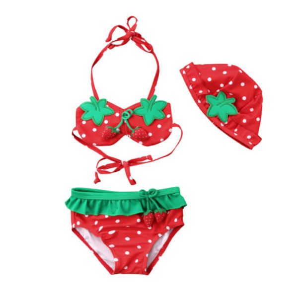 

3pcs set summer kids baby girls strawberry bikini set hat swimwear swimsuit bathing suit beachwear