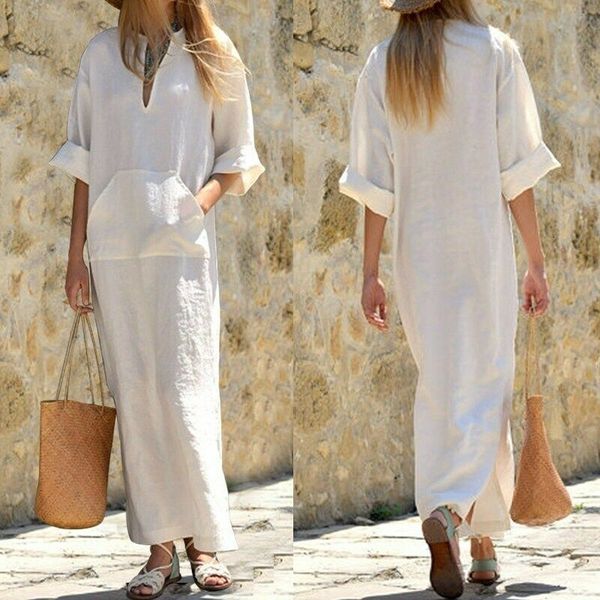 women long maxi dresses ladies half sleeve pocket solid summer casual v neck split maxi dress vintage linen sundress, Black;gray
women long maxi dresses ladies half sleeve pocket solid summer casual v neck split maxi dress vintage linen sundress, Black;gray