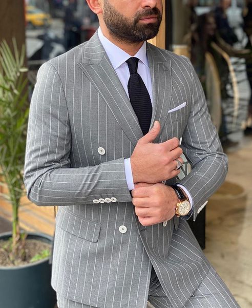 pinstripe men suits 2 pieces peaked lapel wedding tuxedos regular fit double breasted blazer formal business suits (jacket+pants, Black;gray
pinstripe men suits 2 pieces peaked lapel wedding tuxedos regular fit double breasted blazer formal business suits (jacket+pants, Black;gray