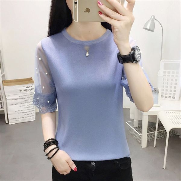 women's summer thin ice silk knitted mesh stitching short-sleeved t-shirt solid color base shirt fashion, White
women's summer thin ice silk knitted mesh stitching short-sleeved t-shirt solid color base shirt fashion, White