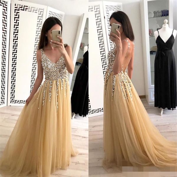 backless gold prom dresses straps v neck sweep train luxury beaded sequins custom made evening party gown formal occaion wear, Black
backless gold prom dresses straps v neck sweep train luxury beaded sequins custom made evening party gown formal occaion wear, Black