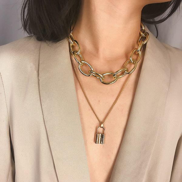 double layer large chain lock pendant choker necklace vintage punk neck collar fashion charm statement necklace for women, Silver
double layer large chain lock pendant choker necklace vintage punk neck collar fashion charm statement necklace for women, Silver