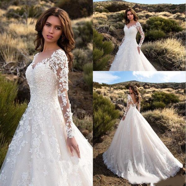 v neck backless a line sheer lace applique long sleeve bridal wedding dress classic wedding gowns, White
v neck backless a line sheer lace applique long sleeve bridal wedding dress classic wedding gowns, White