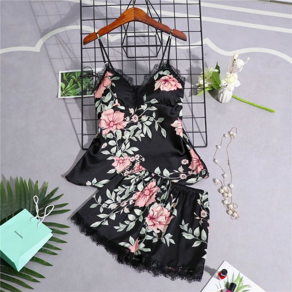 sleep lounge pajama set satin sleepwear women summer pyjama femme fashion flower pajamas for women with chest pad, Black;red
sleep lounge pajama set satin sleepwear women summer pyjama femme fashion flower pajamas for women with chest pad, Black;red