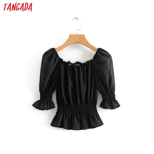 tangada women black chiffon blouse 2019 summer o neck ruffled sweet short sleeve stretch waist shirts female chic 3d104, White 
tangada women black chiffon blouse 2019 summer o neck ruffled sweet short sleeve stretch waist shirts female chic 3d104, White