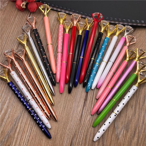 19 Colors Creative Crystal Glass Kawaii Ballpoint Pen Girl Lady Ring Big Gem Ball Pen With Large Diamond Fashion School Office Supply