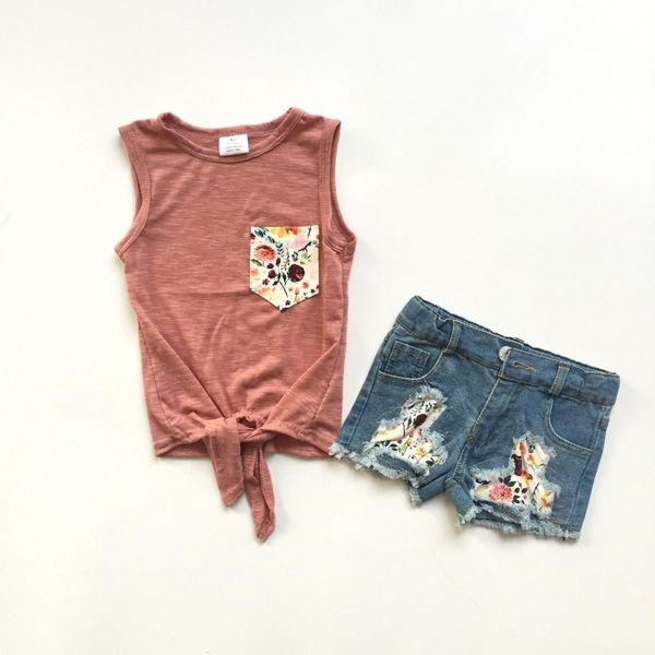 

new arrivals summer baby girls jeans shorts children clothes boutique tie knot dirty coral floral pocket blue denims shorts, White