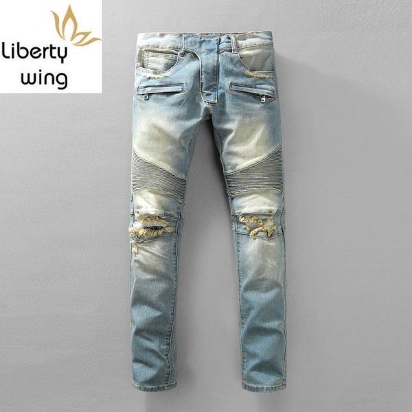 european style biker high street mens hole ripped jeans vintage washed skinny denim pants men plus size zippers casual, Blue
european style biker high street mens hole ripped jeans vintage washed skinny denim pants men plus size zippers casual, Blue