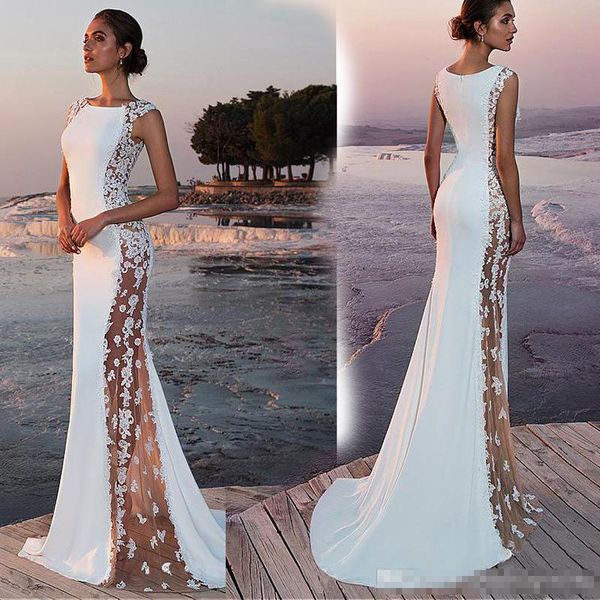 

Summer Bohemian Beach Mermaid Wedding Dresses 2019 White Lace Satin Plus Size Bridal Party Gowns Vestidos De Novia