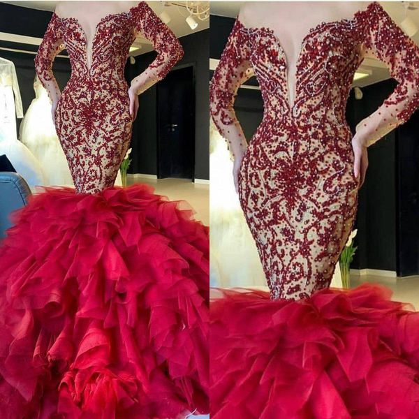 роскошные бисероплетение русалка вечерние платья совок шеи sheer длинные рукава многоуровневые юбки вечерние платья выпускного вечера на зак, Black;red 
роскошные бисероплетение русалка вечерние платья совок шеи sheer длинные рукава многоуровневые юбки вечерние платья выпускного вечера на зак, Black;red