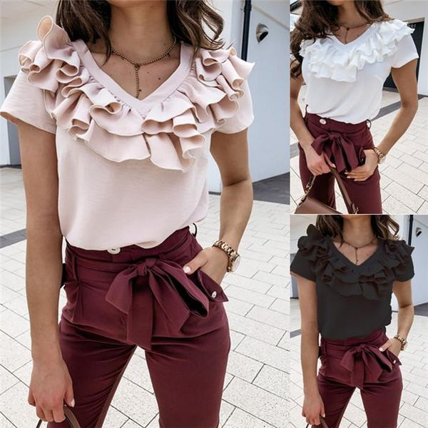 short sleeve solid color tees fashion style famale clothes v neck ruffled summer tshirt women, White
short sleeve solid color tees fashion style famale clothes v neck ruffled summer tshirt women, White