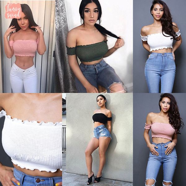 women crop summer fashion off shoulder casual tanks solid vest short sleeve, White 
women crop summer fashion off shoulder casual tanks solid vest short sleeve, White