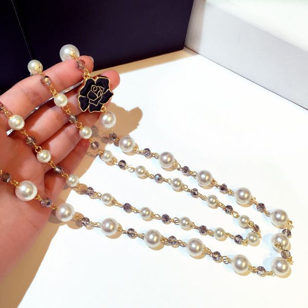korean version classic style elegant camellia flower crystals pearl chain long double layer sweater statement necklace woman, Black
korean version classic style elegant camellia flower crystals pearl chain long double layer sweater statement necklace woman, Black
